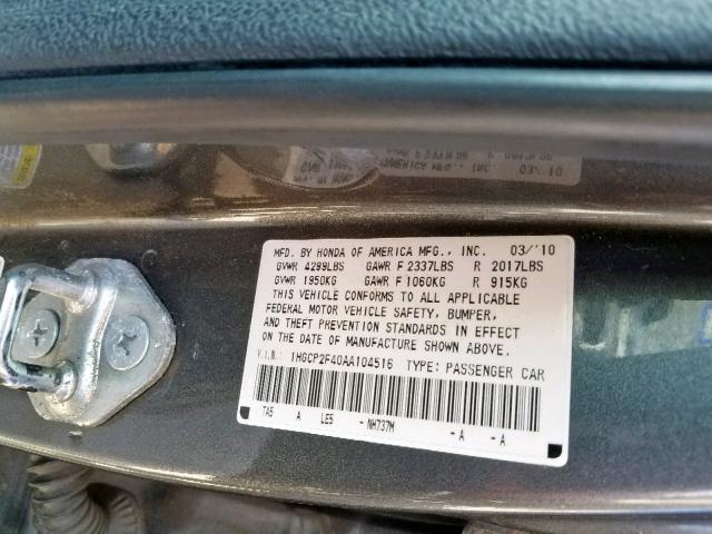 1HGCP2F40AA104516 - 2010 HONDA ACCORD LXP GRAY photo 10