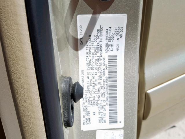 JTEGD21A930053589 - 2003 TOYOTA HIGHLANDER GOLD photo 10