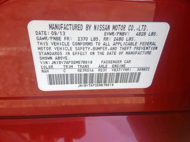 JN1BV7AP0EM678619 - 2014 INFINITI Q50 BASE RED photo 10