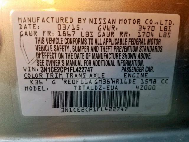 3N1CE2CP1FL422747 - 2015 NISSAN VERSA NOTE GRAY photo 10