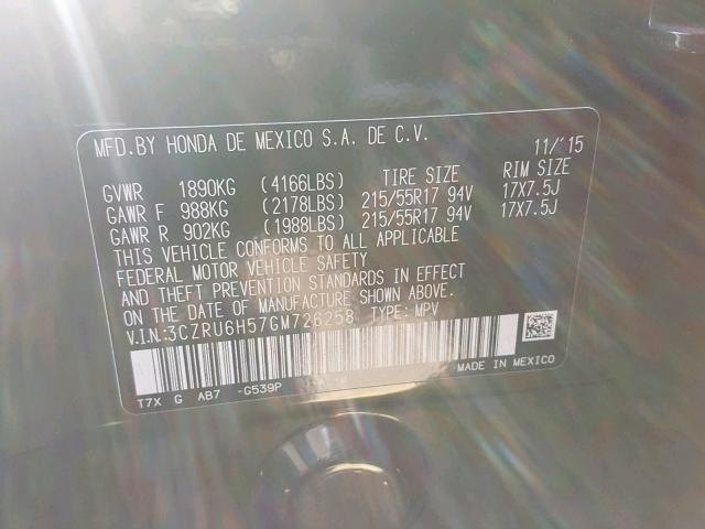 3CZRU6H57GM726258 - 2016 HONDA HR-V EX GREEN photo 10