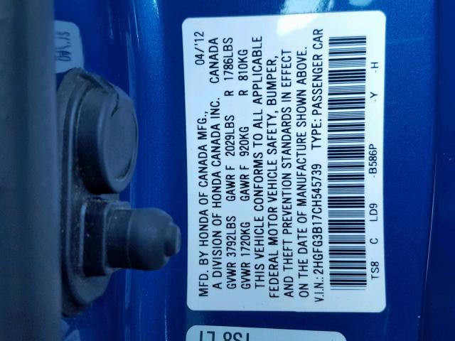 2HGFG3B17CH545739 - 2012 HONDA CIVIC EXL 蓝色 照片 10