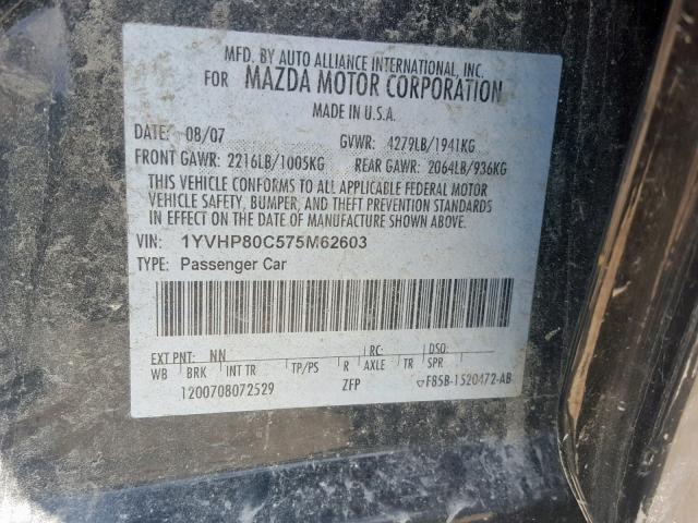 1YVHP80C575M62603 - 2007 MAZDA MAZDA6 BLACK photo 10