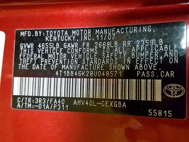 4T1BB46K28U048571 - 2008 TOYOTA CAMRY HYBR RED photo 10