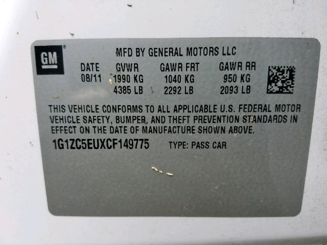 1G1ZC5EUXCF149775 - 2012 CHEVROLET MALIBU 1LT 白色 照片 10