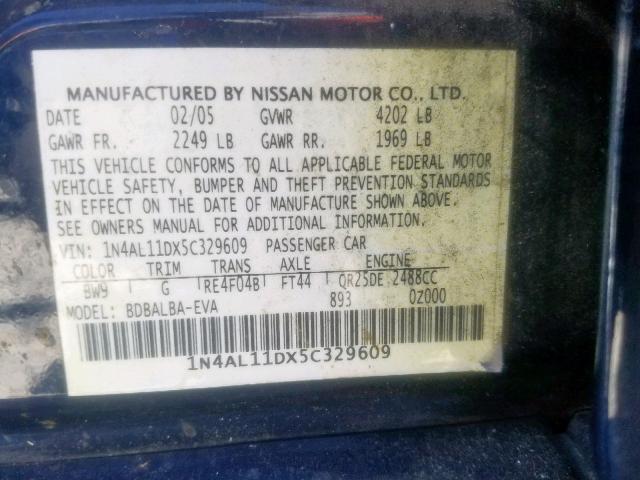 1N4AL11DX5C329609 - 2005 NISSAN ALTIMA S BLUE photo 10