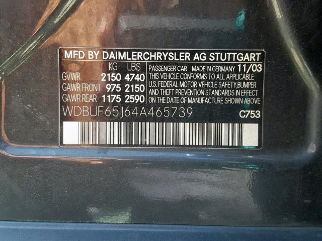 WDBUF65J64A465739 - 2004 MERCEDES-BENZ E 320 BLACK photo 10