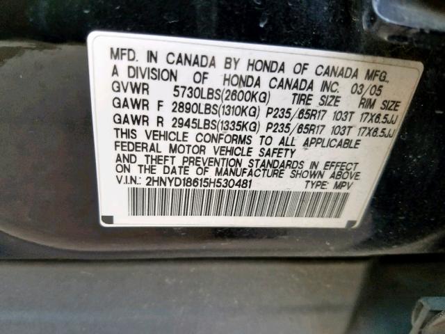 2HNYD18615H530481 - 2005 ACURA MDX TOURIN BLACK photo 10