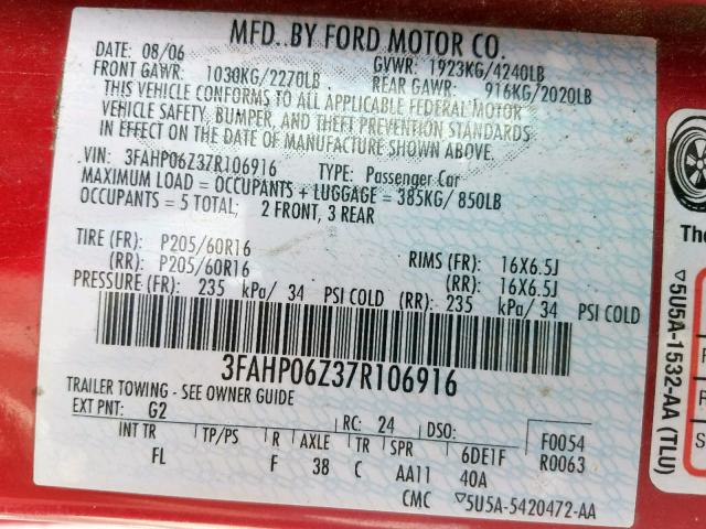3FAHP06Z37R106916 - 2007 FORD FUSION S RED photo 10