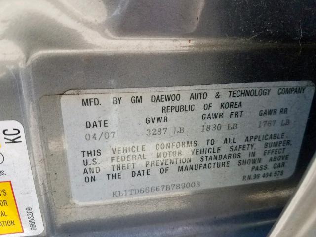 KL1TD66667B789003 - 2007 CHEVROLET AVEO BASE ნაცრისფერი ფოტო 10