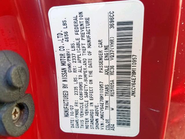 JNKCV64E78M110957 - 2008 INFINITI G37 BASE RED photo 10