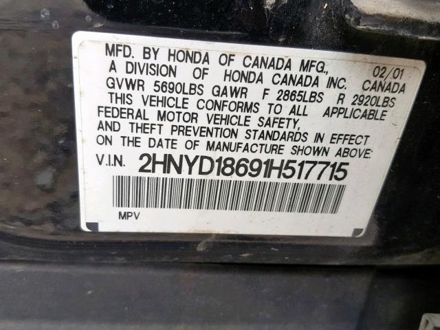 2HNYD18691H517715 - 2001 ACURA MDX TOURIN BLACK photo 10