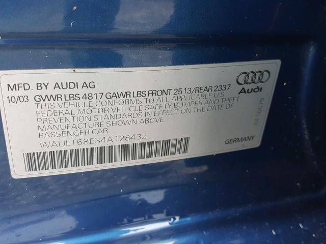 WAULT68E34A128432 - 2004 AUDI A4 3.0 QUA BLUE photo 10