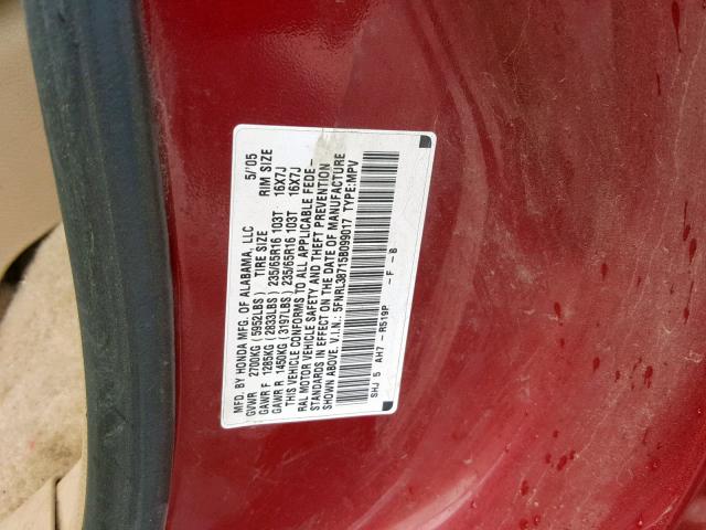 5FNRL38715B099017 - 2005 HONDA ODYSSEY EX MAROON photo 10