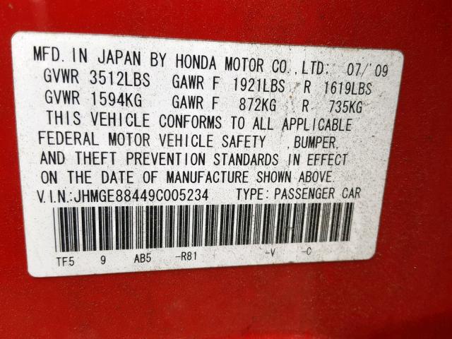 JHMGE88449C005234 - 2009 HONDA FIT SPORT RED photo 10