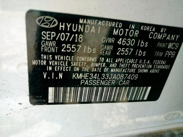 KMHE34L33JA087409 - 2018 HYUNDAI SONATA HYB WHITE photo 10