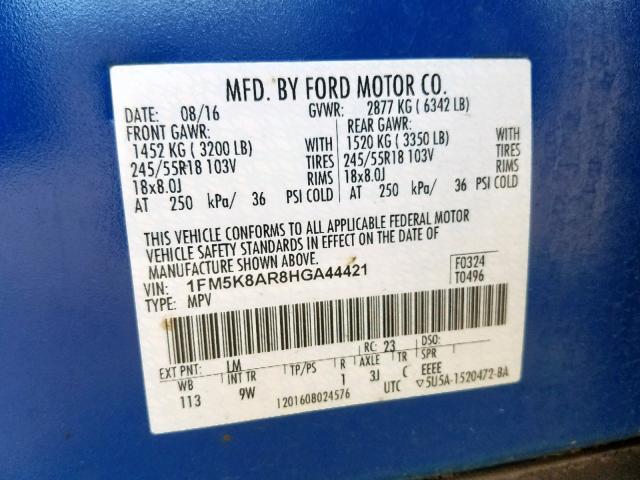 1FM5K8AR8HGA44421 - 2017 FORD EXPLORER P BLUE photo 10