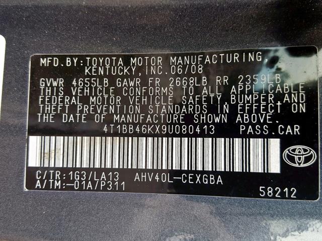 4T1BB46KX9U080413 - 2009 TOYOTA CAMRY HYBR GRAY photo 10