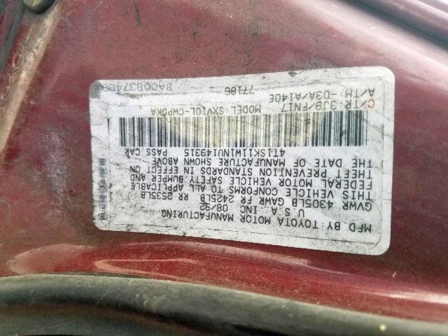 4T1SK11W1NU149315 - 1992 TOYOTA CAMRY DLX 勃艮第红 照片 10