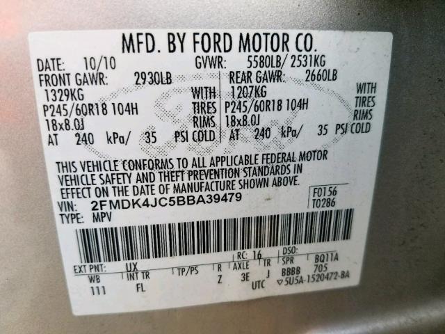 2FMDK4JC5BBA39479 - 2011 FORD EDGE SEL SILVER photo 10