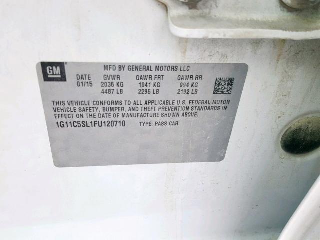 1G11C5SL1FU120710 - 2015 CHEVROLET MALIBU 1LT 白色 照片 10