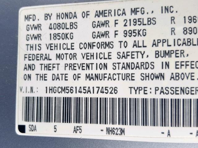 1HGCM56145A174526 - 2005 HONDA ACCORD DX SILVER photo 10