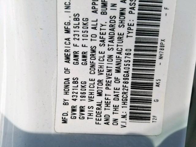 1HGCR2F89GA055760 - 2016 HONDA ACCORD EXL WHITE photo 10