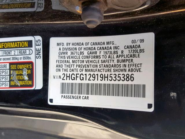 2HGFG12919H535386 - 2009 HONDA CIVIC EXL 黑色 照片 10