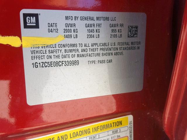 1G1ZC5E08CF339989 - 2012 CHEVROLET MALIBU 1LT BURGUNDY photo 10