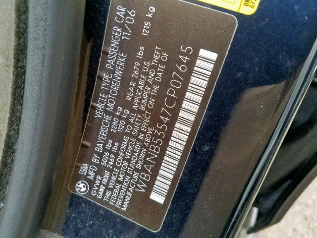 WBANB53547CP07645 - 2007 BMW 550 I BLUE photo 10