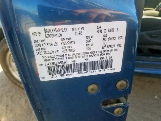 1J4GL58K63W595473 - 2003 JEEP LIBERTY LI BLUE photo 10