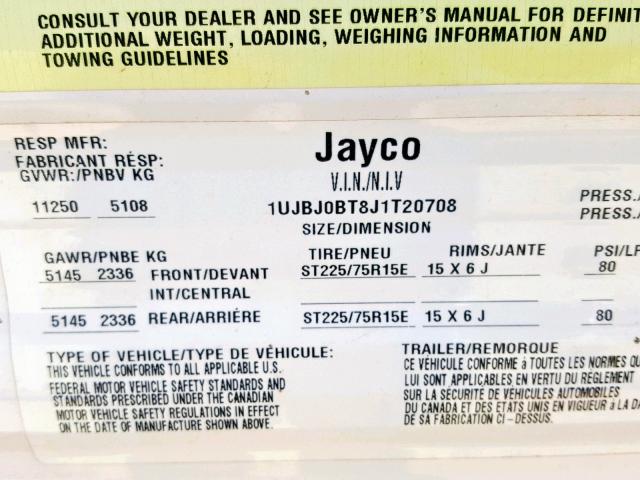 1UJBJ0BT8J1T20708 - 2018 JAY CAMPER GRAY photo 10