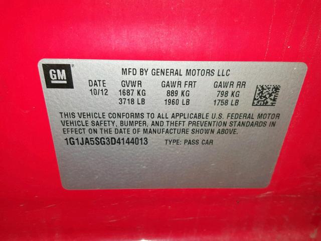 1G1JA5SG3D4144013 - 2013 CHEVROLET SONIC LS 红色 照片 10