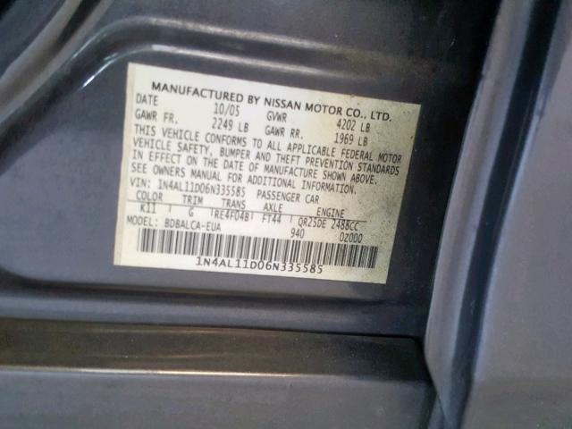 1N4AL11D06N335585 - 2006 NISSAN ALTIMA S GRAY photo 10