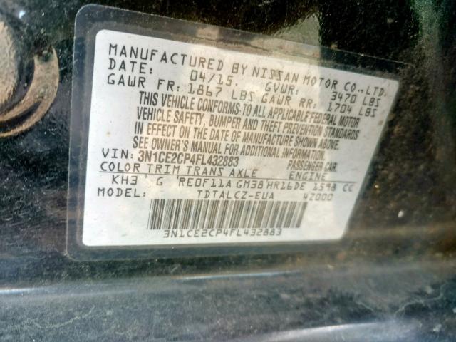 3N1CE2CP4FL432883 - 2015 NISSAN VERSA NOTE BLACK photo 10