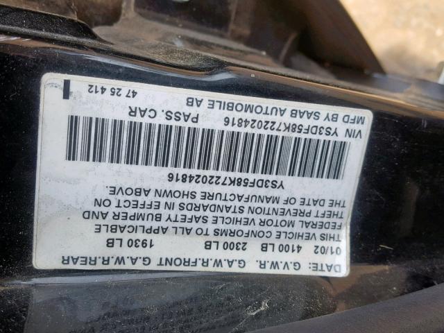 YS3DF58K722024816 - 2002 SAAB 9-3 SE BLACK photo 10