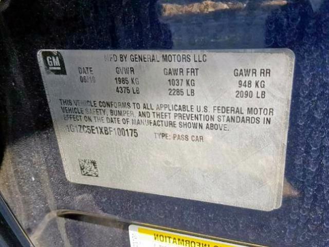 1G1ZC5E1XBF100175 - 2011 CHEVROLET MALIBU 1LT 蓝色 照片 10