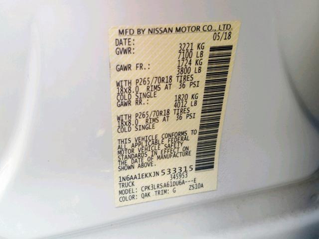 1N6AA1EKXJN533315 - 2018 NISSAN TITAN S WHITE photo 10