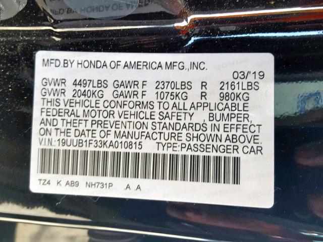 19UUB1F33KA010815 - 2019 ACURA TLX BLACK photo 10