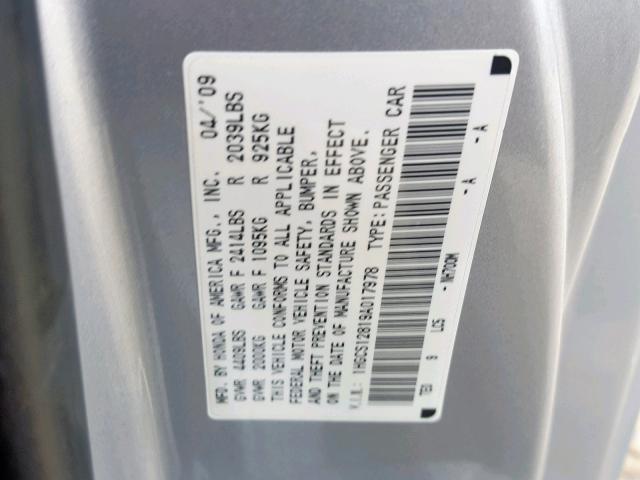 1HGCS12819A017978 - 2009 HONDA ACCORD EXL SILVER photo 10