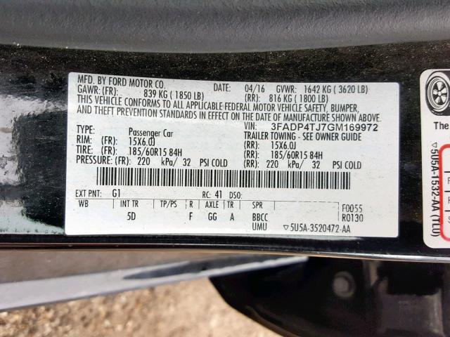 3FADP4TJ7GM169972 - 2016 FORD FIESTA S BLACK photo 10