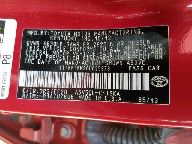 4T1BF1FK9CU625978 - 2012 TOYOTA CAMRY BASE RED photo 10