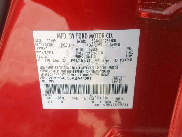 2FMDK4JC6ABA44091 - 2010 FORD EDGE SEL RED photo 10