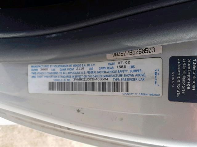3VWBK21C03M408584 - 2003 VOLKSWAGEN NEW BEETLE SILVER photo 10