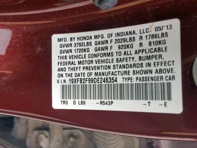 19XFB2F99DE246354 - 2013 HONDA CIVIC EXL 栗色 照片 10