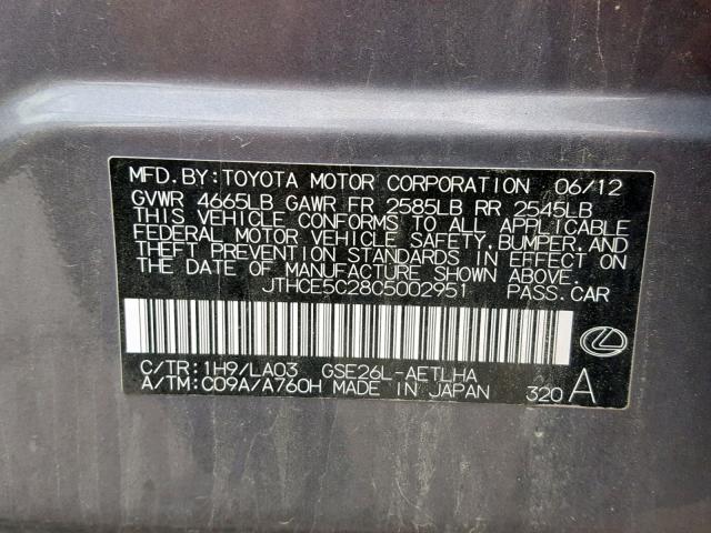 JTHCE5C28C5002951 - 2012 LEXUS IS 350 SILVER photo 10