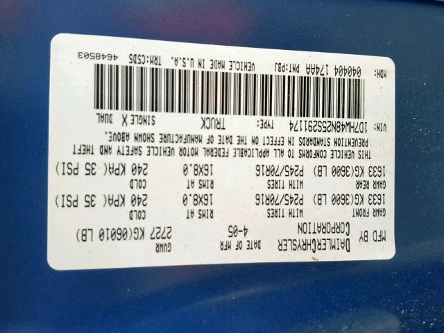 1D7HW48N25S291174 - 2005 DODGE DAKOTA QUA BLUE photo 10