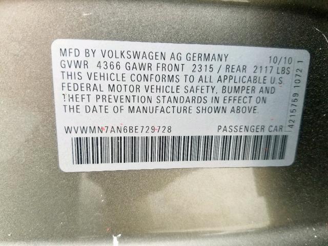 WVWMN7AN6BE729728 - 2011 VOLKSWAGEN CC SPORT TAN photo 10