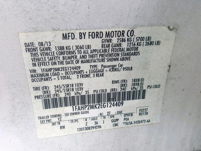 1FAHP2MK2EG124409 - 2014 FORD TAURUS POL WHITE photo 10