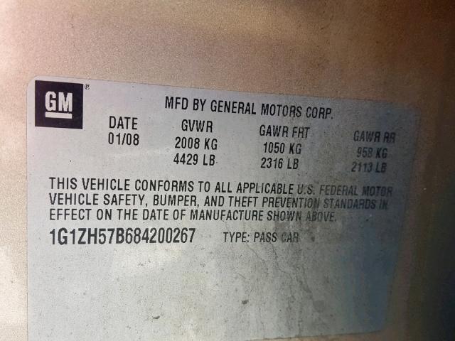 1G1ZH57B684200267 - 2008 CHEVROLET MALIBU 1LT GOLD photo 10